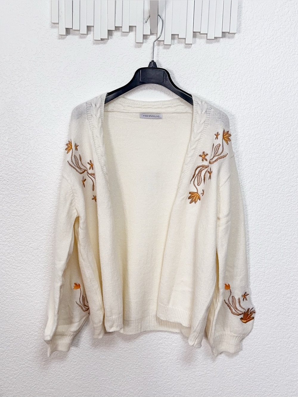 Miss Sparkling Ivory Floral Embroidered Open Front Knit Cardigan Sweater